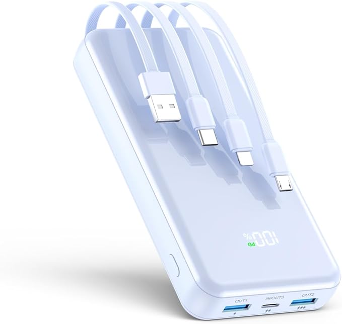 Portable Charger, 42800mAh Power Bank Built-in Cable, 22.5W PD USB C in & Out Fast Charging, External Battery Pack with 6 Output & 2 Input, Travel Phone Charger for iPhone 16/15/14/13/12(Blue)