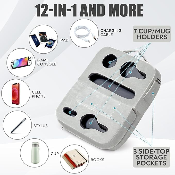 Couch Cup Holder Tray Pillow - Bed, Couch Caddy, Sofa, RV & Car - Holds Drinks, Snacks, Remotes, Phones, Kindle, Tablet | Bed Cup Holder (Grey)