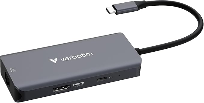 Verbatim USB-C Essentials Multiport Hub– 6 Ports: (3) USB-A 3.0/3.2 Gen 1, (1) USB-C 3.0/3.2 Gen 1, RJ45 Ethernet, 4K HDMI and Up to 100W Power Delivery