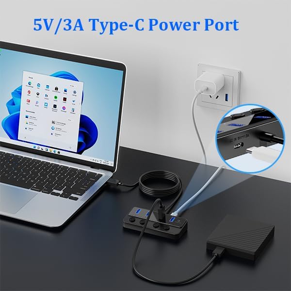 Qeefun 4-Port USB 3.0 Hub, Individual LED Power Switches, Multiport Splitter with 4ft Extension Cable, USB Extender for Laptop, PC, USB Flash Drives, iMac and More