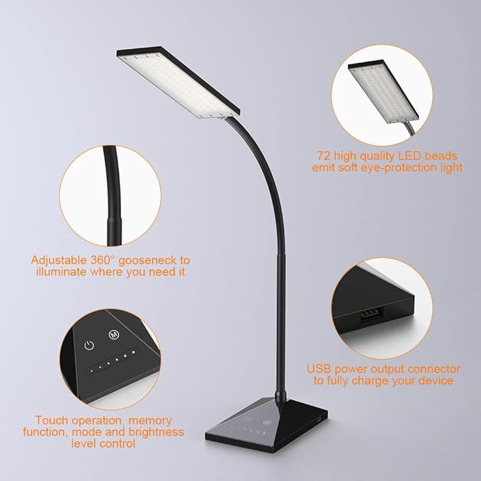 Vansuny LED Desk Lamp with USB Charging Port, Eye-Caring, 5 Color Modes,6 Brightness Levels, Touch Control, Flexible Gooseneck, Memory Function for Dorm Office Work Bedroom (12W,Black)