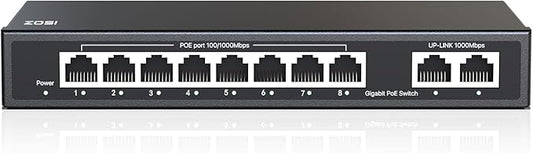 ZOSI 8 Port Gigabit PoE Switch with 2 Gigabit Uplink Port, 96W for 8 PoE+ Ports, IEEE802.3af/at, Unmanaged Ethernet Switch, Plug & Play, Sturdy Metal Casing, Desktop/Wall-Mount
