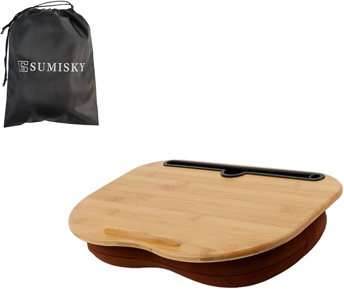SUMISKY Lap Desk for 14" Laptops-Bamboo Laptop Desk with Cushion & Phone Holder, Portable Laptop Stand with Tray, 15x11 Inches with Bag
