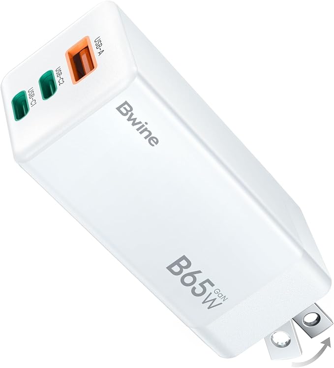Bwine 65W USB C Charger, 3-Port GaN Fast Wall Charger, Compact Charging Blocks for iPhone 17,Galaxy S24,Note 20/10+,Drone Battery and More, White