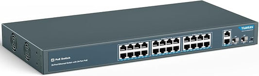 YuanLey 24 Port PoE Switch with 2 Gigabit Ethernet Uplink, 2 SFP Port, 400W PoE+ Port Support 802.3af/at, Unmanaged Network Switch with AI Watchdog, VLAN, Extend to 250m, Rackmount Plug and Play