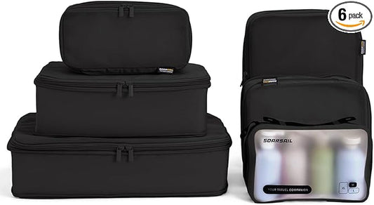 6 Set Compression Packing Cubes for Travel, Large Medium Small Luggage Organizers (Jet Black)