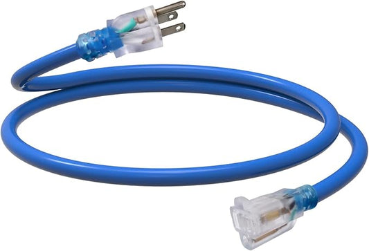 EP 3 Ft Outdoor Extension Cord, 12/3 SJTW Heavy Duty Waterproof Power Cable, 3 Prong Grounded Plug, Lighted End, for Lawn, Garden, Appliances, Blue