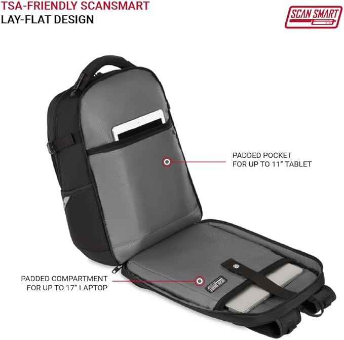 SwissGear Travel Tech Pro Laptop Backpack – Fits Laptops up to 16” – ScanSmart TSA-Friendly Backpack with Multiple Organizer Pockets – Black