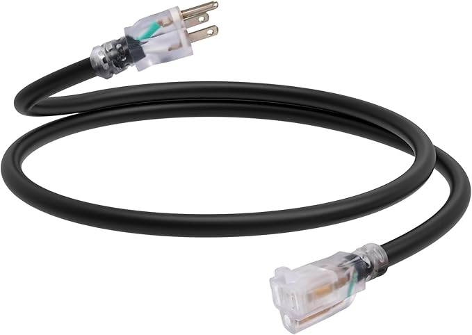 EP 3 Ft Outdoor Extension Cord, 12/3 SJTW Heavy Duty Waterproof Power Cable, 3 Prong Grounded Plug, Lighted End, for Lawn, Garden, Appliances, Black