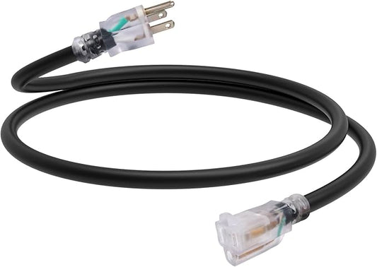 EP 3 Ft Outdoor Extension Cord, 12/3 SJTW Heavy Duty Waterproof Power Cable, 3 Prong Grounded Plug, Lighted End, for Lawn, Garden, Appliances, Black