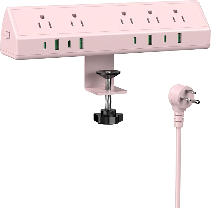 Jgstkcity Desk Clamp Power Strip, 45W Fast Charging Station,4 USB-C, 4 USB-A,1200J Surge Protector,ETL Listed,1875W Extension Cord,Multiple Outlets for Home, Office (Pink, 6 FT Cable)