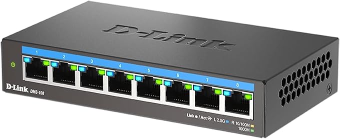 D-Link 8-Port 2.5GB Unmanaged Gaming Switch with 8 x 2.5G - Multi-Gig, Network, Fanless, Plug & Play (DMS-108),Black