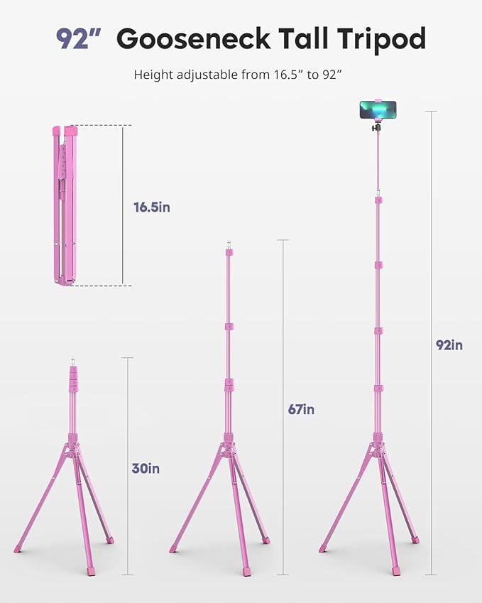 Aureday Phone Tripod, 92" Cell Phone Stand with 15" Gooseneck, Remote and Phone Holder, Overhead & Selfie Stick for Recording/Watching/Vlog, Compatible with iPhone Android, Pink