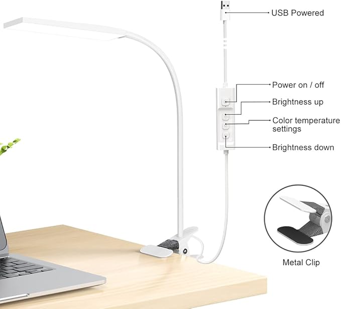 RAOYI LED Desk Lamp, 5W USB Clip on Light Eye-Caring Reading Clamp Table Lamp with 48 LEDs Flexible Gooseneck, 3 Color Modes and 14 Brightness Levels for Office Bedroom Study (White)