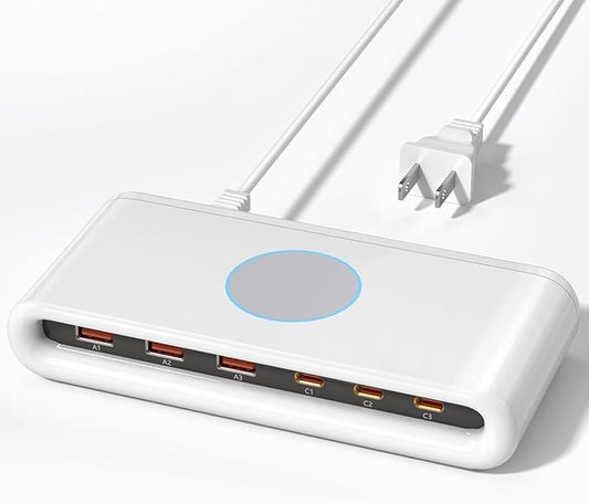 145W USB C Charging Station for Multiple Devices,6 Port USB C Hub Charger,Multi Charger Block Station Hub Cube for Laptop MacBook,HP,iPad,iPhone,Samsung, No Wireless Charging (White, 145W)