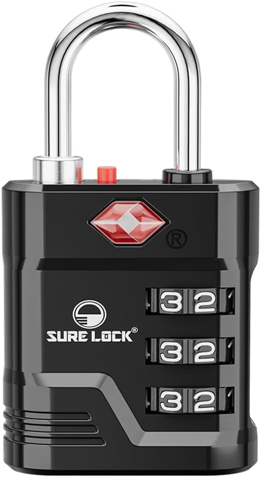 SURE LOCK TSA Locks for Luggage, TSA Approved Luggage Locks with Open Alert, 008 Key for High Security, Easy Read Dials, Zinc Alloy Body, Locker Lock for Suitcase, Gym, Travel. (Black 1 pk)