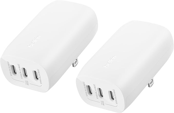 Belkin 3-Port USB C Charger Block 67W - PPS USB-C PD3.1 PPS Super Fast Charging - Samsung Galaxy S25, Apple iPhone 17, Air, Pro, MacBook, AirPods, Apple Watch, Nintendo Switch 2 & More - White, 2-Pack