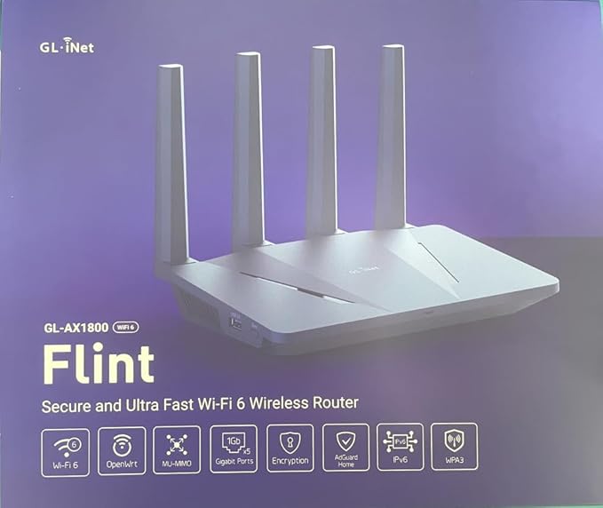 GL.iNet GL-AX1800(Flint) WiFi 6 Router -Dual Band Gigabit Wireless Internet Router | 5 x 1G Ethernet Ports | Up to 120 Devices | OpenVpn&WireGuard