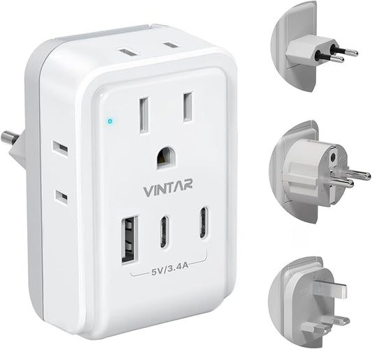 VINTAR European Travel Plug Adapter Kit, Adapter for Europe Plug with 3 USB Ports (2 USB C) 4 AC Outlets, Type C,G,E/F Detachable Attachments, International Power Adapter for Europe UK France Italy
