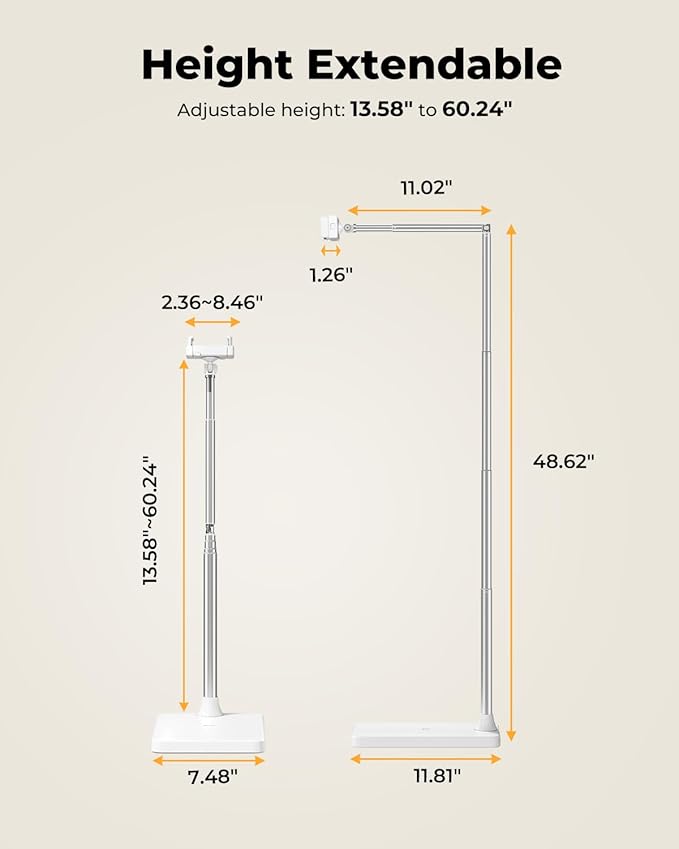 Extended Tablet Floor Stand, 360 Rotating Adjustable iPad Floor Holder with Long Flexible Arm, Compatible with 4-13" Devices, Stand for Bedside, Sofaside, Table, Desk (White)