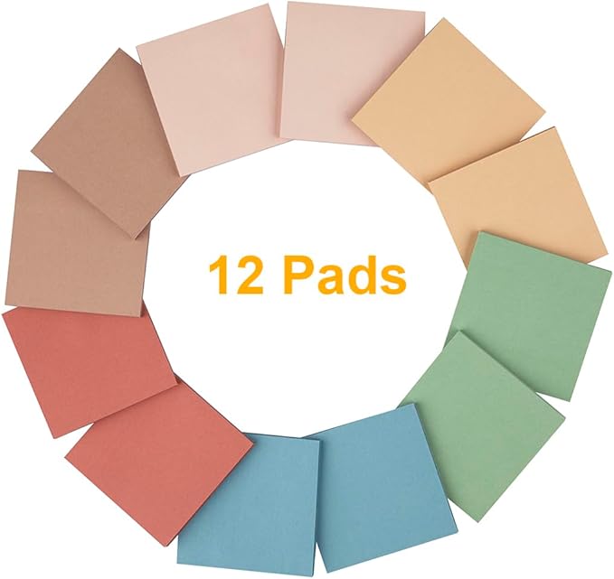 (12 Pads) Sticky Notes 3x3 inch, Self-Stick Pads Vintage Colors Sticky Note, Recyclable, Easy to Stick for Home, Office, Notebook