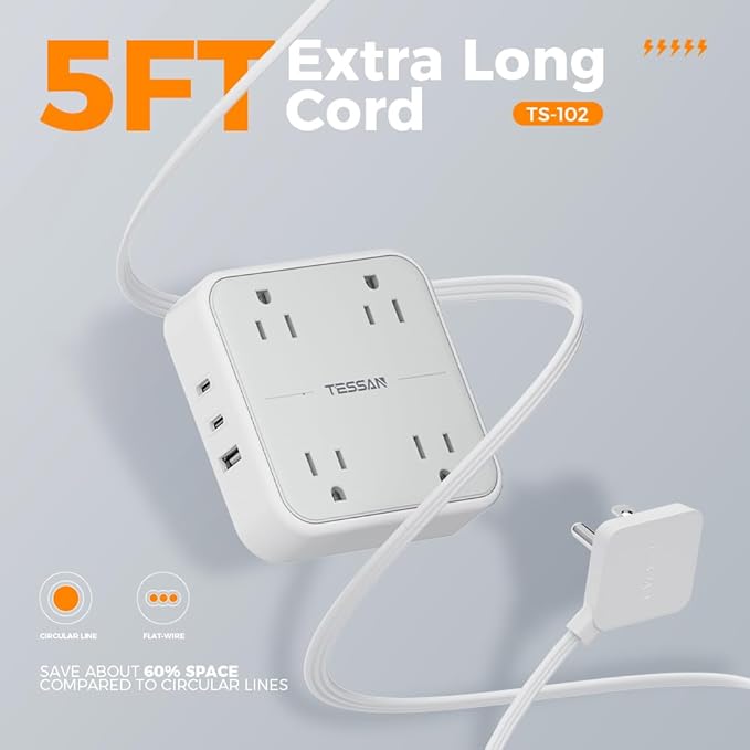 Flat Plug Surge Protector Power Strip, TESSAN 5 ft Ultra Thin Extension Cord with 3 USB Wall Charger(2 USB C Ports), 4 Outlets Slim Desk Charging Station for Travel, Office, Dorm Room Essentials
