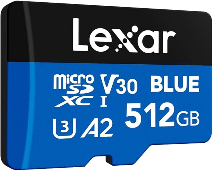 Lexar 512GB Blue Micro SD Card Up to 160MB/s, microSDXC UHS-I Memory Card with SD Adapter, C10, U3, A2, V30, Full HD, 4K UHD, High Speed TF Card