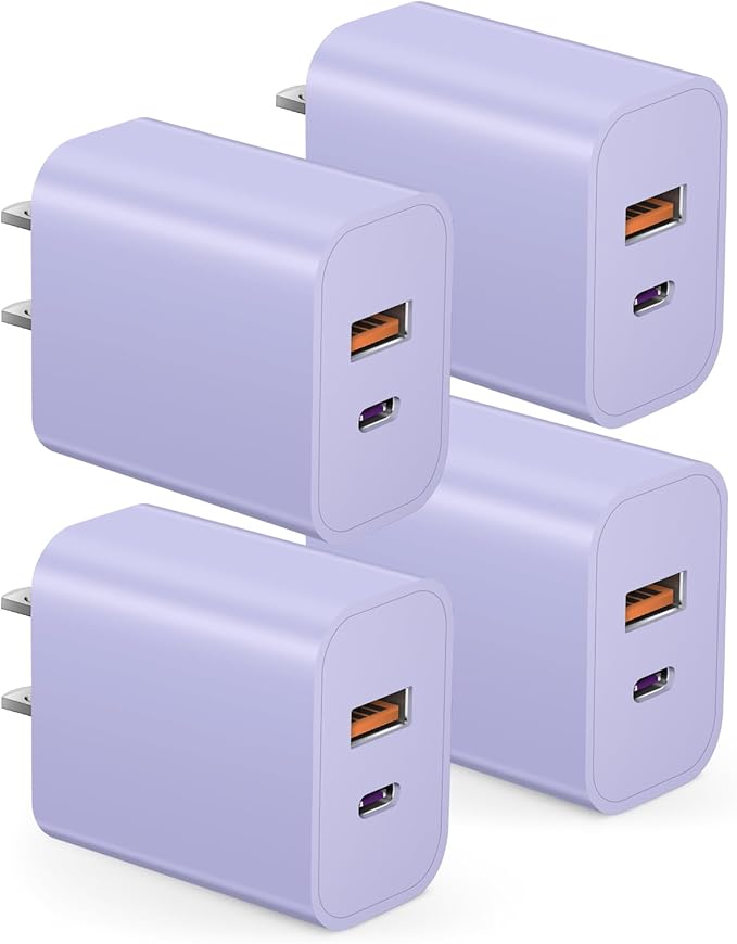 [4 Pack] USB C Charger Block Charging Block Type C Charger 20W Wall Chargers for iPhone Air/17/17 Plus/17 Pro/17 Pro Max/16/16 Plus/16 Pro/16 Pro Max/15/15 Pro/15 Pro Max/14/13/12 Pro/Samsung(Purple)
