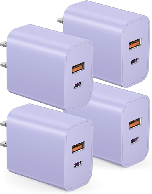 [4 Pack] USB C Charger Block Charging Block Type C Charger 20W Wall Chargers for iPhone Air/17/17 Plus/17 Pro/17 Pro Max/16/16 Plus/16 Pro/16 Pro Max/15/15 Pro/15 Pro Max/14/13/12 Pro/Samsung(Purple)