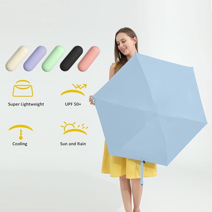 BAODINI Travel Essentials Mini Umbrella for Purse With Case Small Compact UV Sun Protection Lightweight Tiny Pocket Manual Open Close Umbrella for Women Kids and Men Fit Purse Backpack