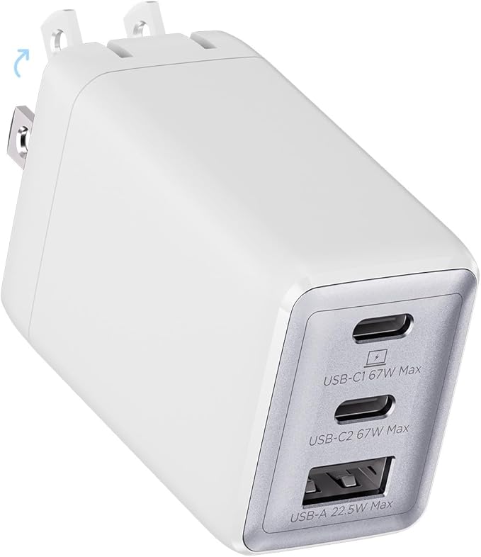 67W USB C Charger, 3-Port GaN Fast Charging Block with Foldable Plug, Compatible with MacBook Pro/Air, iPad Pro, iPhone 16/15/Pro, Galaxy S25/S24, Note20, Pixel, Apple Watch, (White)