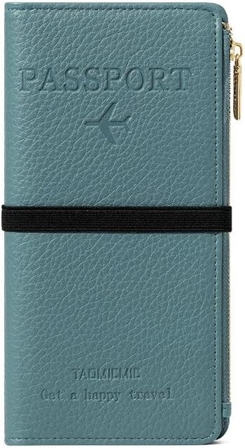 DOB SECHS Leather Passport Holder, RFID Blocking Passport Wallet Credit Cards Case for Women, Travel Accessories Organizer Pouch Bag with ID Window+Zippered Cash Pocket+SIM Slots, Blue