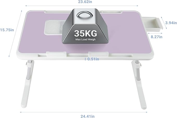 Laptop Lap Desk Include Cooling Fan,Adjustable Lap Desk with Light Fan,Folding Laptop Desk for Bed with USB,Bed Desk with Storage Drawer 60x40cm,Purple
