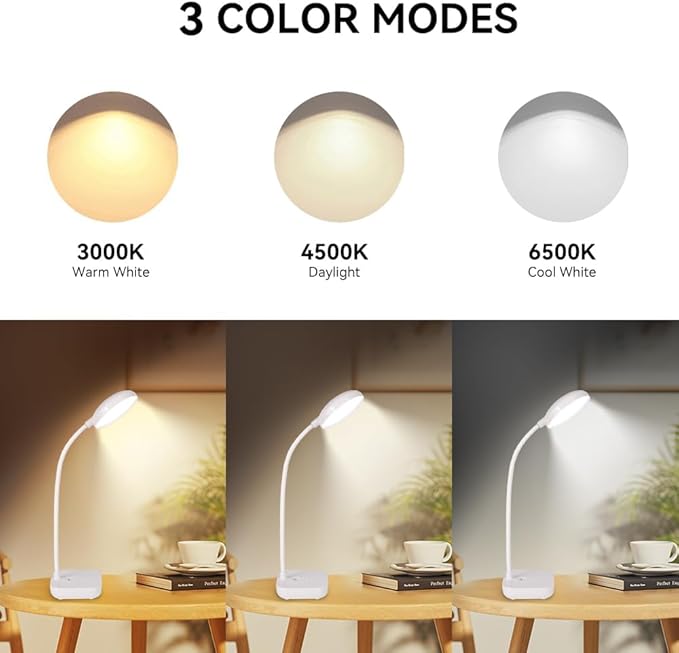 Small Battery Powered Desk Lamp,Wireless Portable Reading & Office Lamp,400LM Rechargeable LED Light,3 Colors (White/Warm White/Warm),360°Gooseneck Hose,Adjustable brightness,20 LED for Bedroom & Desk