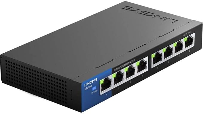 Linksys SE3008: 8-Port Gigabit Ethernet Unmanaged Switch, Computer Network, Auto-Sensing Ports Maximize Data Flow for up to 1,000 Mbps (Black, Blue)