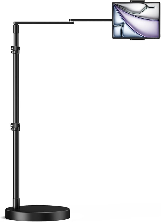 elitehood Adjustable Tablet Floor Stand with Heavy Duty Base, 24in Horizontal Long Arm iPad Floor Stand Holder for Bed Recliner Sofa, Compatible with iPad mini Air Pro 13/12.9 and 4.7-13in Devices