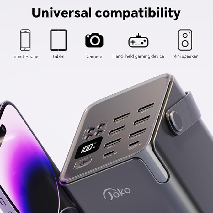 JOKO 70000mAh Power Bank High Capacity 20W PD 3.0 Fast Charging 22.5W Max Large Power Bank,7 Outputs 2 Inputs,LED Display,USB-C Battery Packs for iPhone, Samsung, Outdoors，Camping