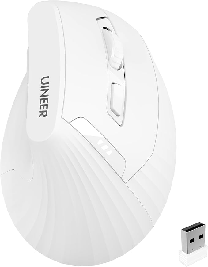 Uineer Vertical Mouse Wireless, 2.4G Rechargeable Mouse with Battery Indicator,4 Level DPI,Ergonomic Design for Comfort and Reduced Wrist Strain, Ideal for Home,Office Use (White)