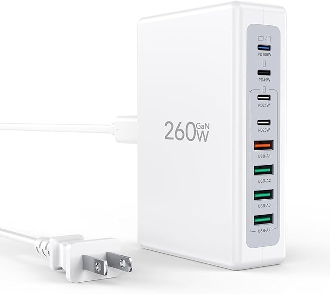 260W USB C Charger Block, GaN USB 8-Port Fast Charging Station Hub, QC 4.0 Fast Charging Cube+PD 100W 65W C Laptop Charger for MacBook Pro Air iPad iPhone 13/14/15/16/17/Pro Max,Plus,Galaxy