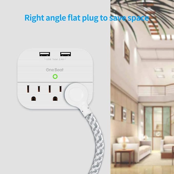 One Beat Desktop Power Strip with 3 Outlet 4 USB Ports 4.5A, Flat Plug and 5 ft Long Braided Extension Cords for Cruise Ship Travel Home Office, ETL Listed