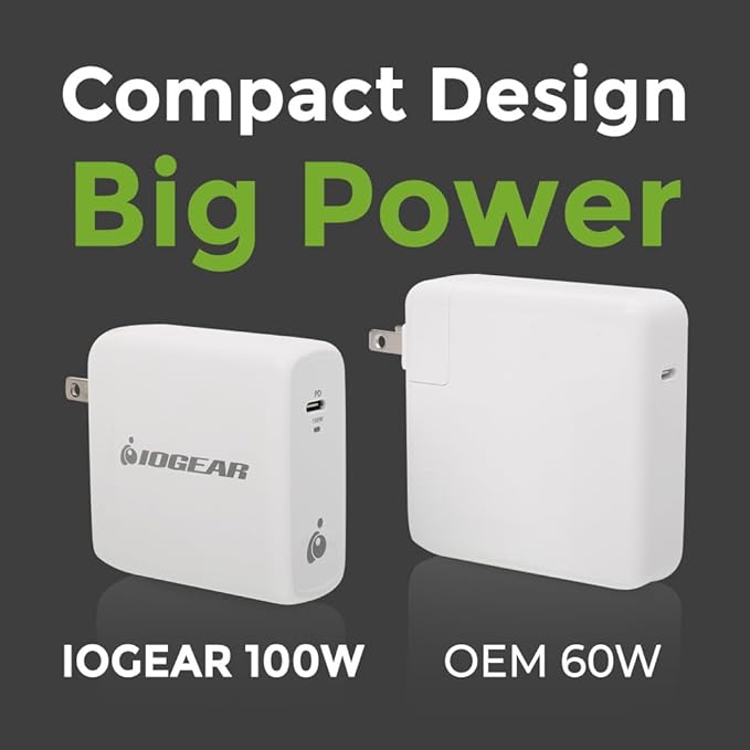 IOGEAR 100W USB-C GaN Wall Charger, Compact Fast Charger with Foldable Plug, Travel-Ready Power Adapter for MacBook Pro, iPhone 15 Pro Max, Galaxy S24 Ultra, Steam Deck — GPAWC100W