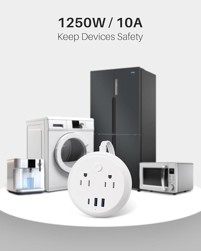 Flat Plug Power Strip with USB C Ports, KOOSLA Travel Extension Cord No Surge Protection - 2 Outlets 3 USB Ports(1250W) - Cruise Essentials for Cruise Ship, Home, Office, Dorm Room, 5ft