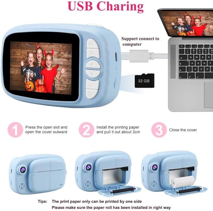 Kids Instant Camera, Mijiaowatch 12MP/1080P Kids Digital Print Camera with 3.5 Inch Cameras for Kids 32GB TF Card, Kids Gift Toys for Ages 3-14 (Blue)