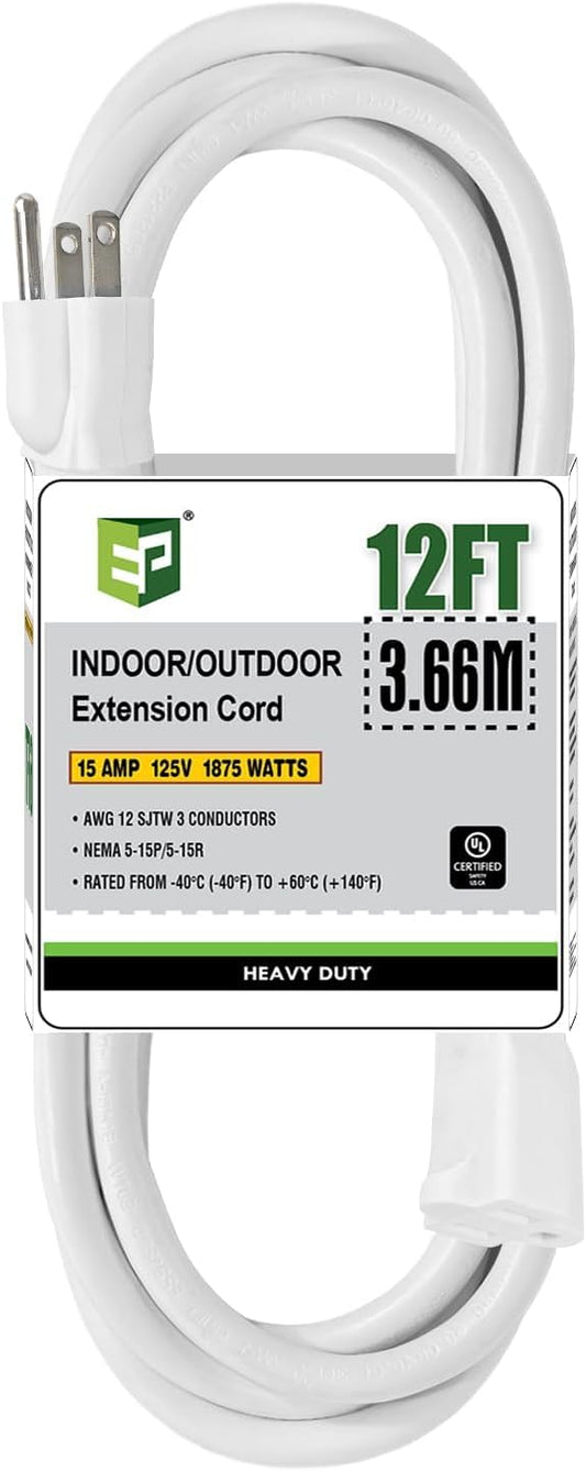 EP 12 Ft Outdoor Extension Cord, 12/3 SJTW Heavy Duty Extension Cable with 3 Prong Grounded Plug, 15 AMP Power Cord for Lawn, Garden, Appliances, White