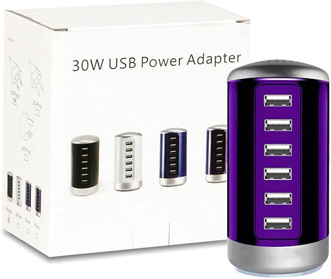 Universal USB Charger 6-Port Desktop USB Charging Station Hub with Smart Identification Technology Compatible with iPhone iPad Cell Phone Tablets(Purple)