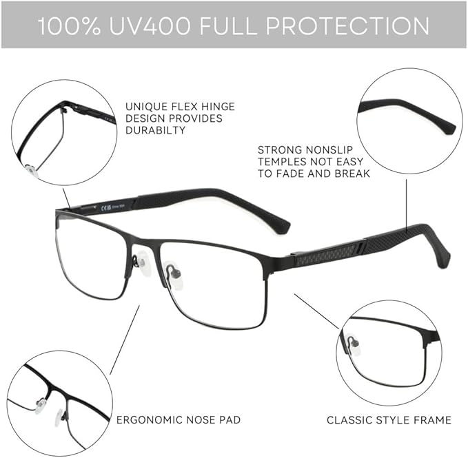ZENOTTIC Blue Light Reading Glasses for Men Computer Readers Trendy Square Metal Frame Anti Glare