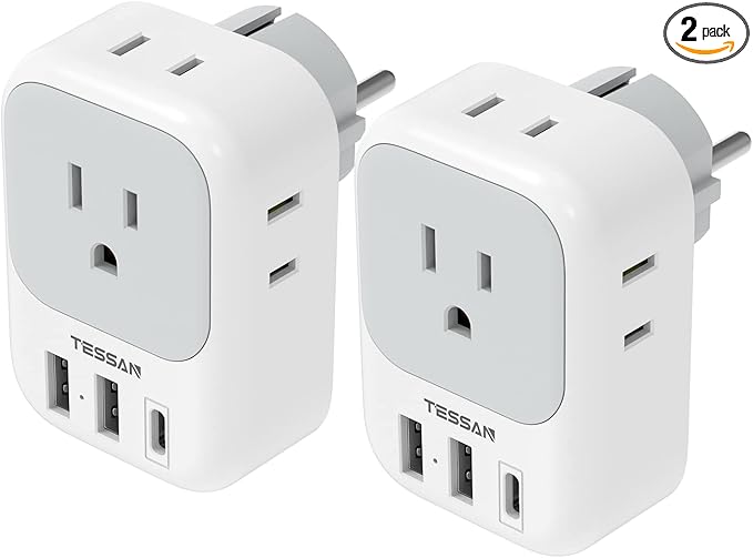 TESSAN 2 Pack Type E F Plug Adapter USB C, Germany France Power Adaptor with 3 USB Charger Ports, 4 AC Outlets Travel Plug for US to Europe EU Spain Iceland Korea Greece Russia German French