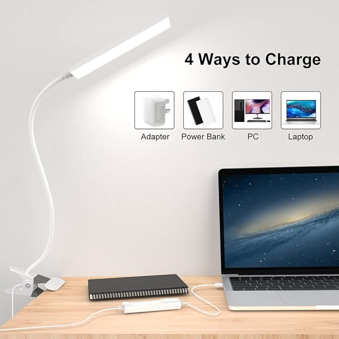 RAOYI LED Desk Lamp, 5W USB Clip on Light Eye-Caring Reading Clamp Table Lamp with 48 LEDs Flexible Gooseneck, 3 Color Modes and 14 Brightness Levels for Office Bedroom Study (White)