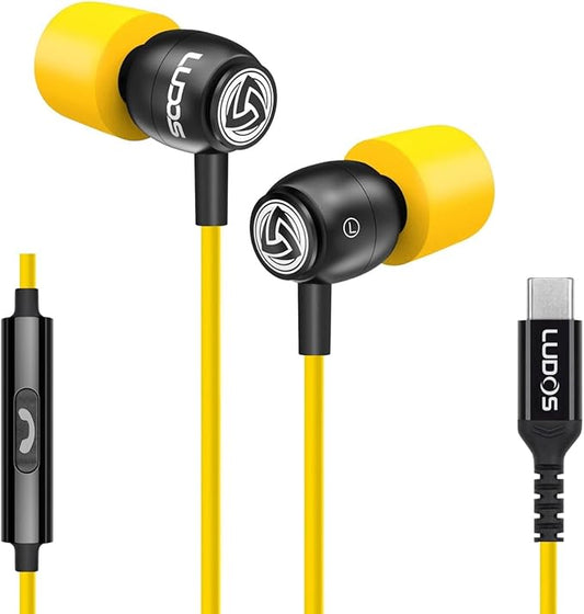 LUDOS Clamor USB C Headphones for iPhone 16 15 Pro Max Plus iPad Pro, 5 Years Warranty, USB-C Earbuds for Samsung Galaxy S24 S23 Ultra S22 S21 FE S20 A55 A54 A53, USB Type C Earphones - Yellow
