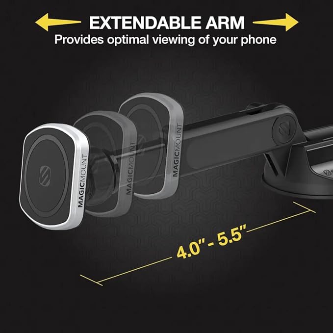Scosche MP2WDEX2-XTSP MagicMount Pro2 Magnetic Car Phone Holder Extendo Telescoping Windshield or Dashboard Mount with Suction Cup Compatible with MagSafe, iPhones, Galaxy, Pixel & All Smartphones